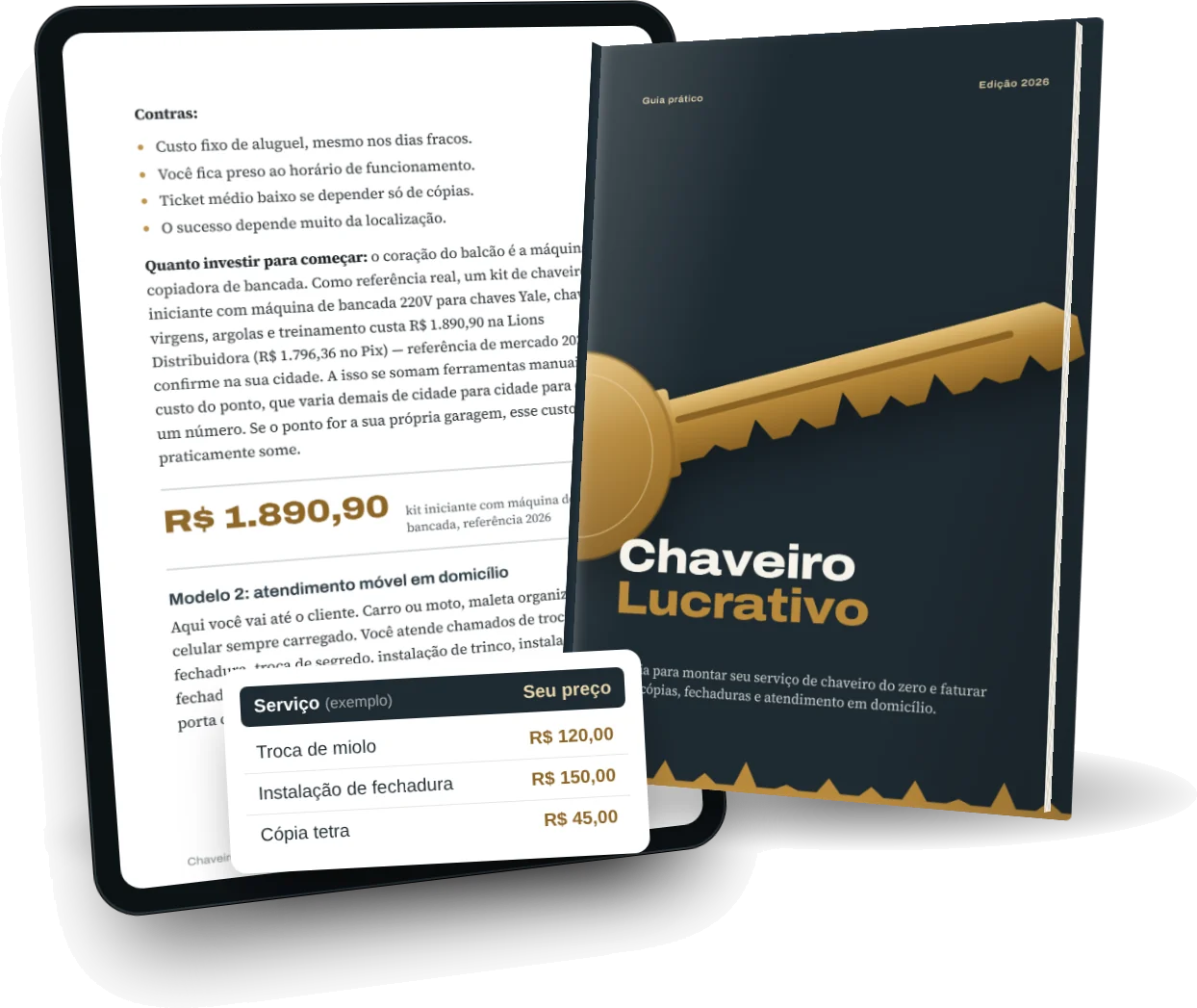 O guia Chaveiro Lucrativo aberto em um tablet, ao lado do livro e da planilha de preços